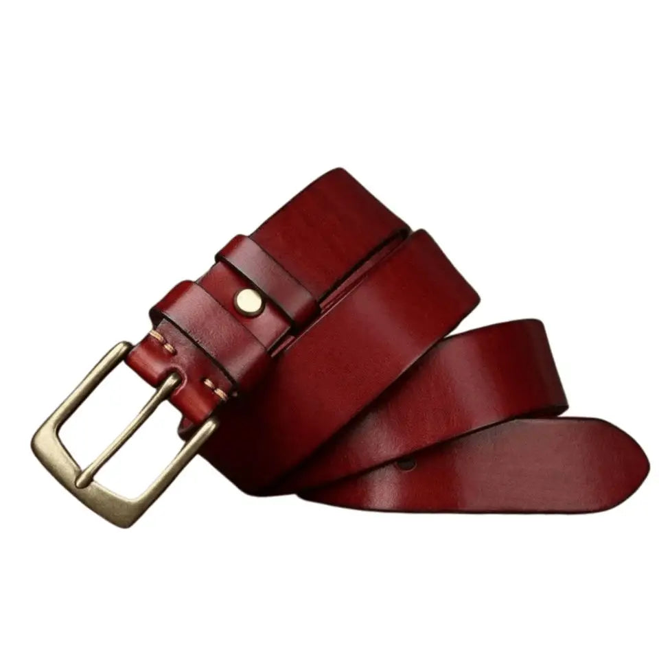 Red leather belt with gold buckle from Caesia Leather Belt for Men featuring brass buckle