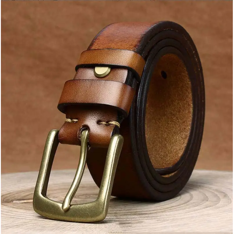 Rolled brown leather belt with brass buckle from Caesia Leather for men