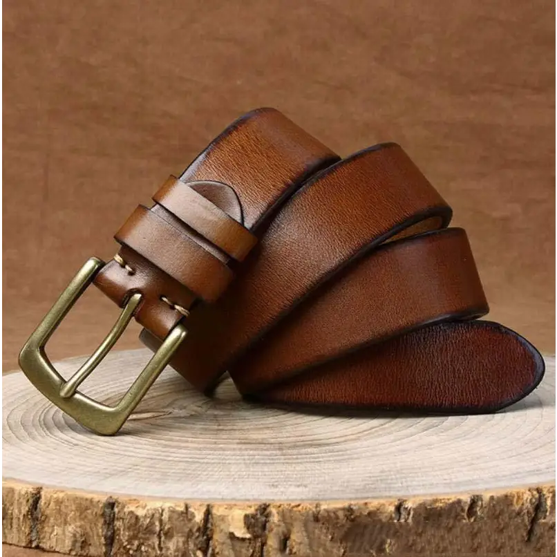 Brown leather belt with brass buckle from Caesia Leather Belt for Men