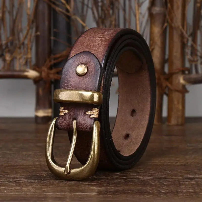 Full-grain leather belt with brass buckle for timeless style and durability