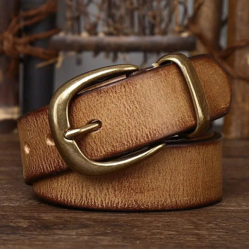Distressed full-grain leather belt with brass buckle showcasing timeless style
