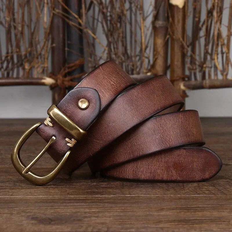 Full-grain leather belt with brass buckle for timeless style