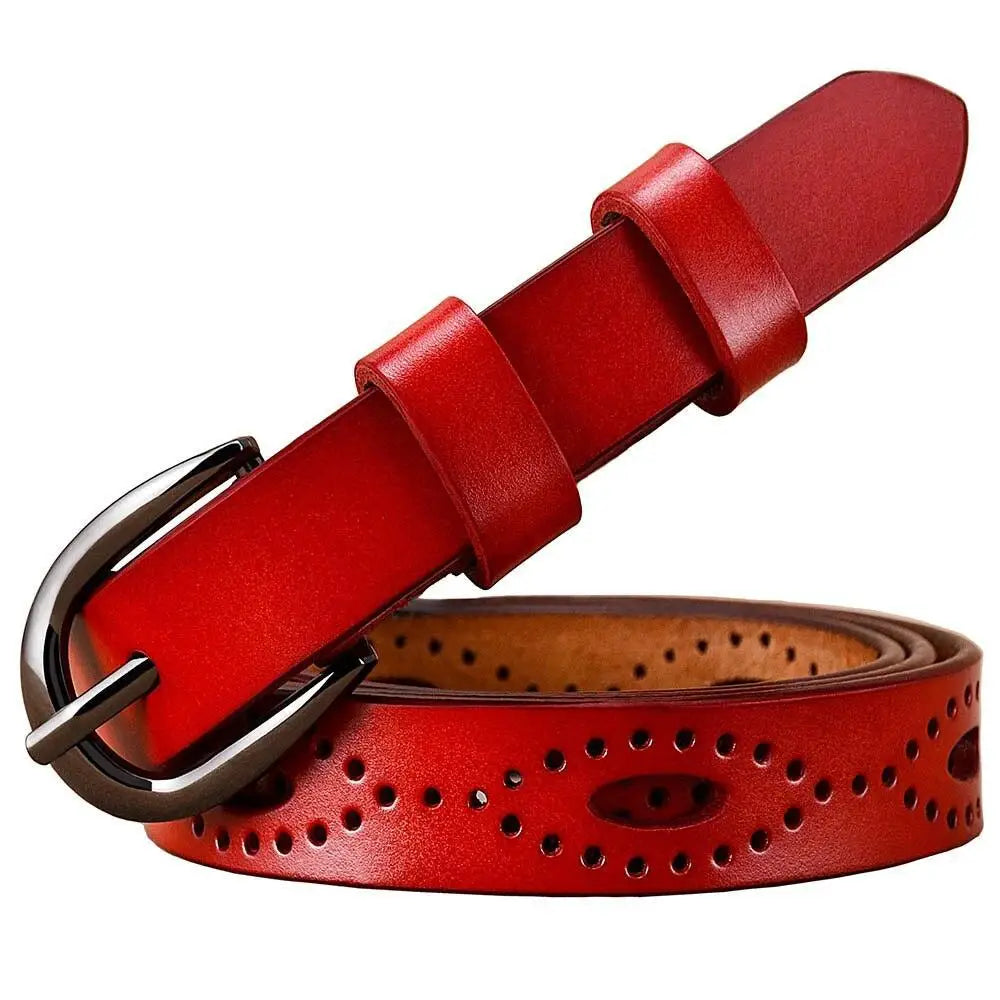 Red leather belt with silver buckle from Caia Genuine Leather collection