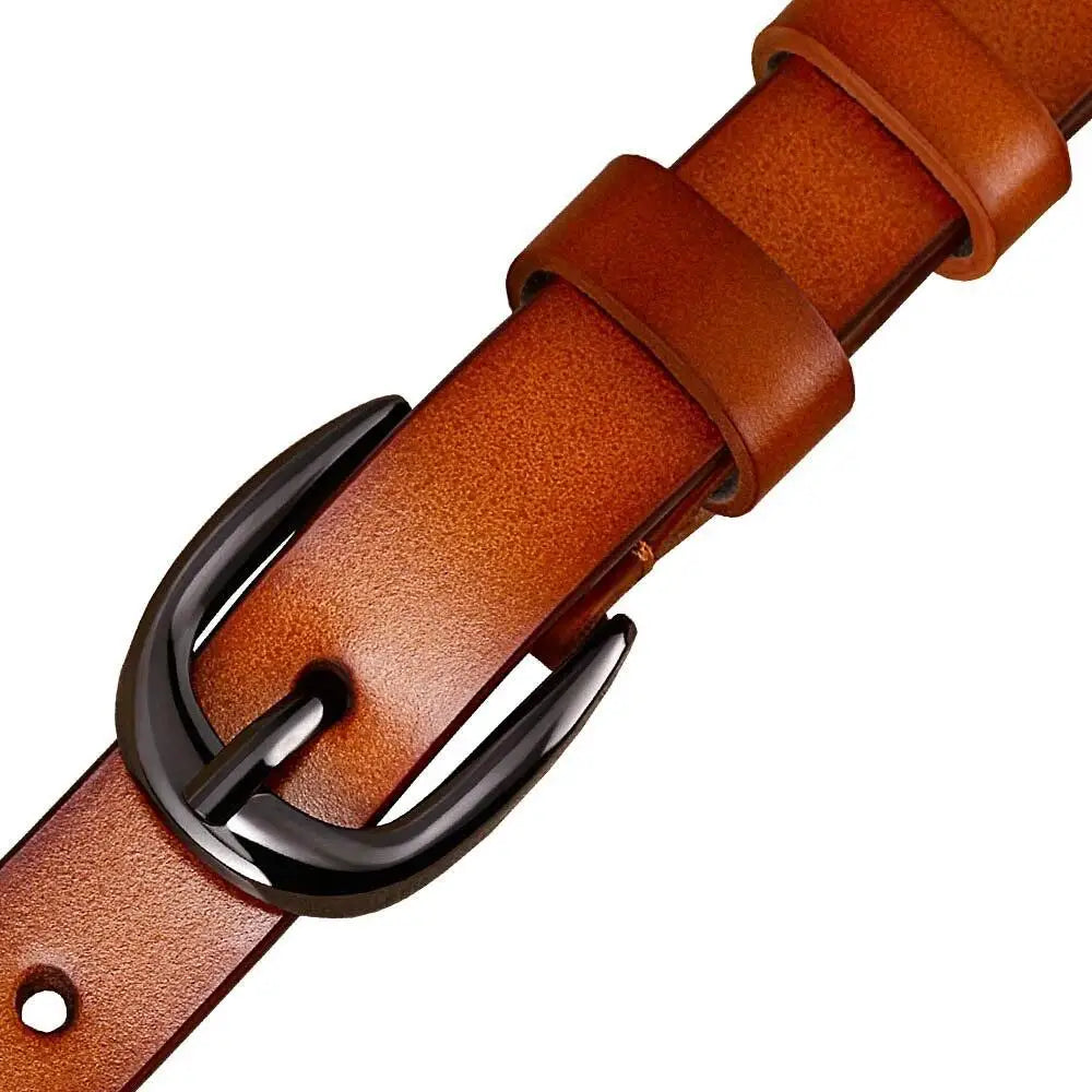Caia Genuine Leather Brown Belt with Black Buckle and Decorative Perforations