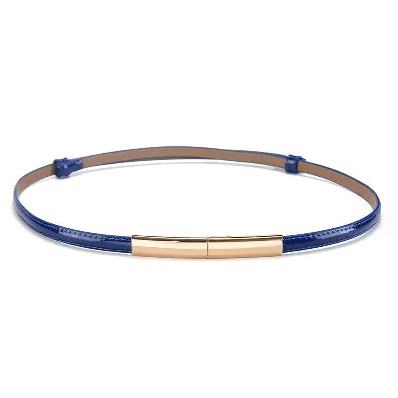 Blue patent leather belt with gold buckle from Stacked Patent Leather Belts collection