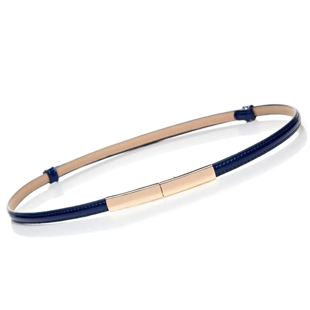 Navy blue and gold belt from Stacked Patent Leather Belts with Gold Buckle product line