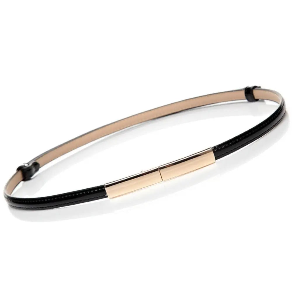 Black and tan patent leather belt with gold buckle from Stacked Patent Leather Belts collection