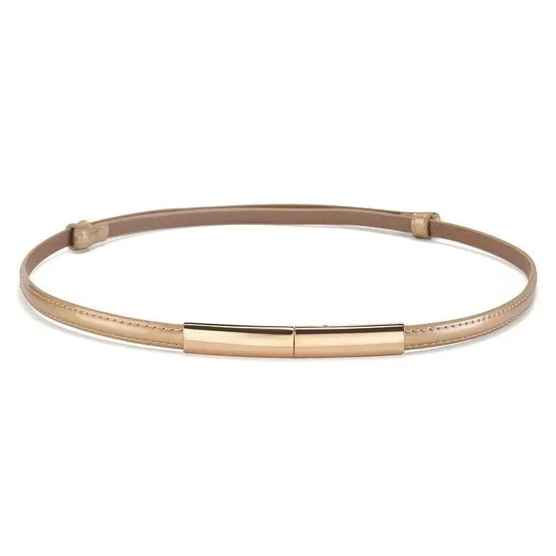 Gold-tone skinny belt displayed in Stacked Patent Leather Belts with Gold Buckle product image