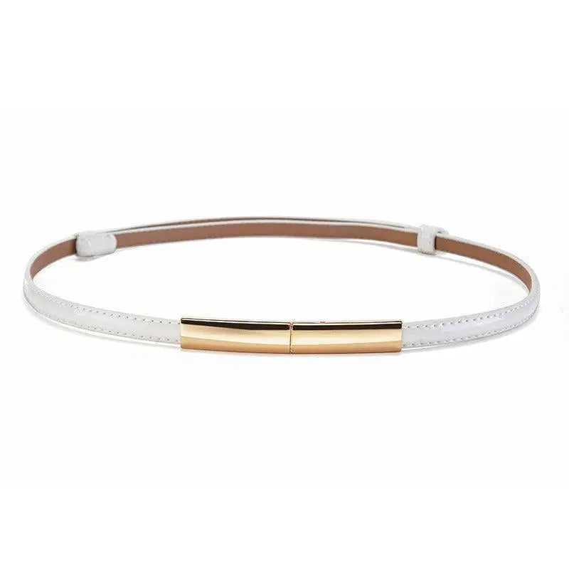 White patent leather belt with a gold buckle for the Stacked Patent Leather Belts collection