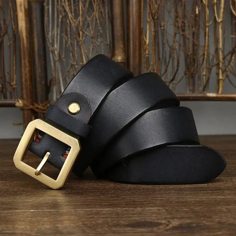 Black leather belt with gold brass buckle from Leather Belts with Brass Buckles collection