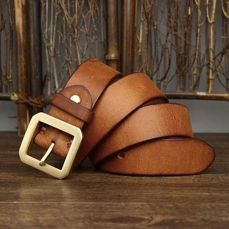 Brown leather belt with brass buckle from Leather Belts with Brass Buckles in Brown and Gold Finishes