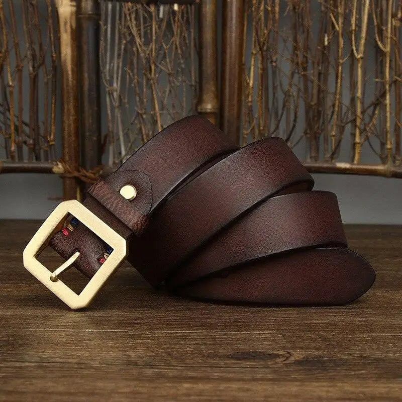 Brown leather belt with a gold brass buckle from Leather Belts with Brass Buckles in Brown and Gold Finishes