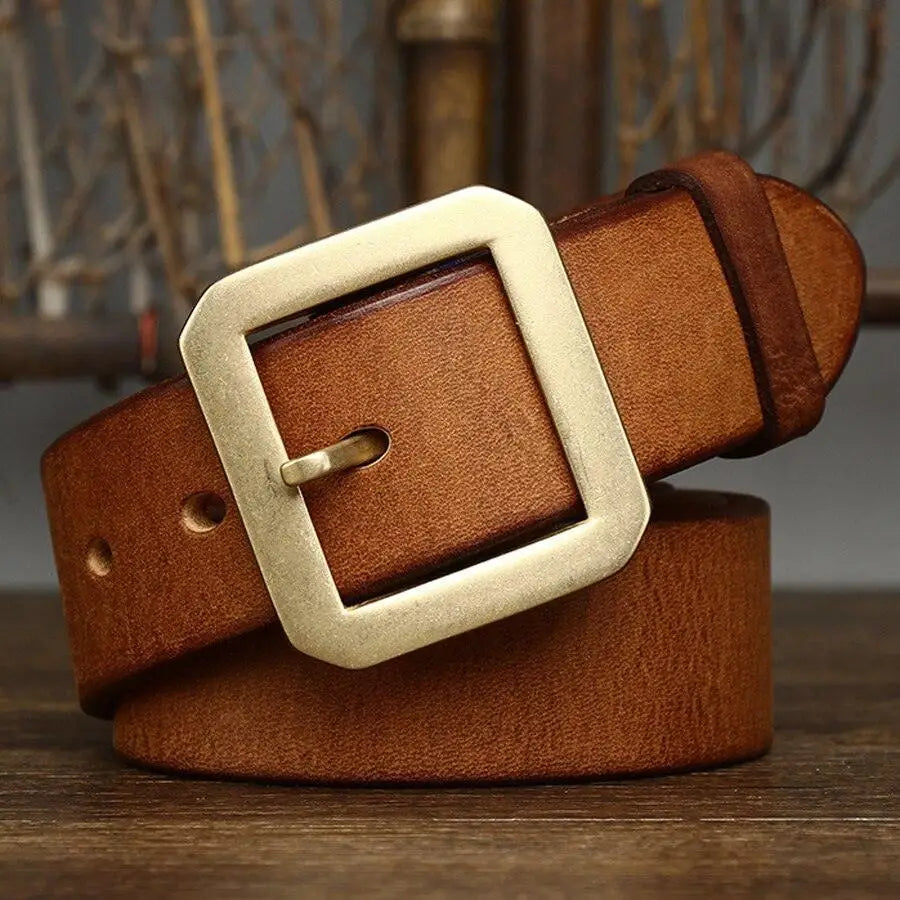 Brown leather belt with a square brass buckle from Leather Belts with Brass Buckles collection