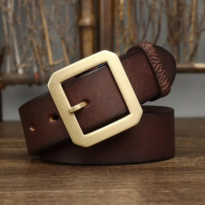 Brown leather belt featuring a square brass buckle from Leather Belts with Brass Buckles collection