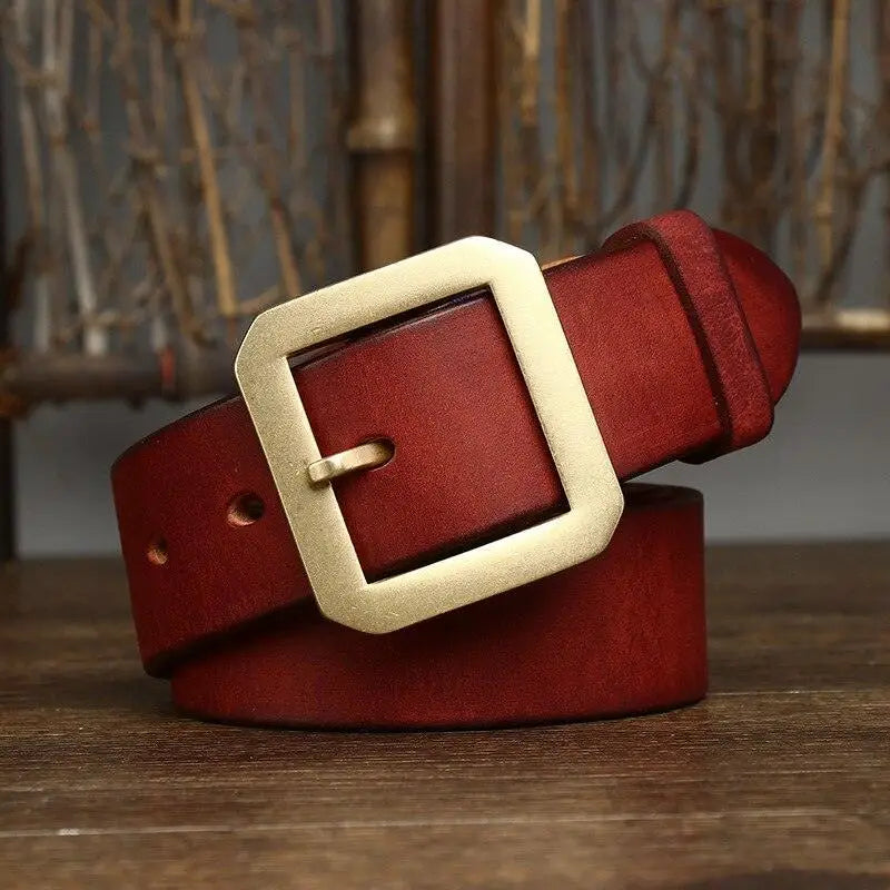 Red leather belt with a gold buckle from Leather Belts with Brass Buckles collection
