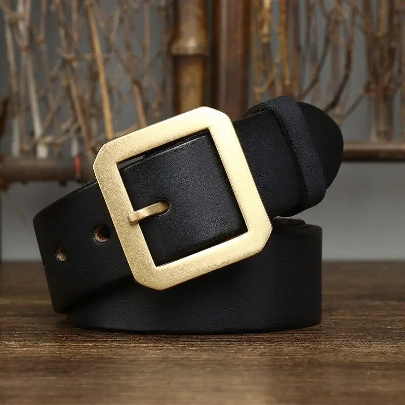 Black leather belt with square gold buckle from Leather Belts with Brass Buckles collection