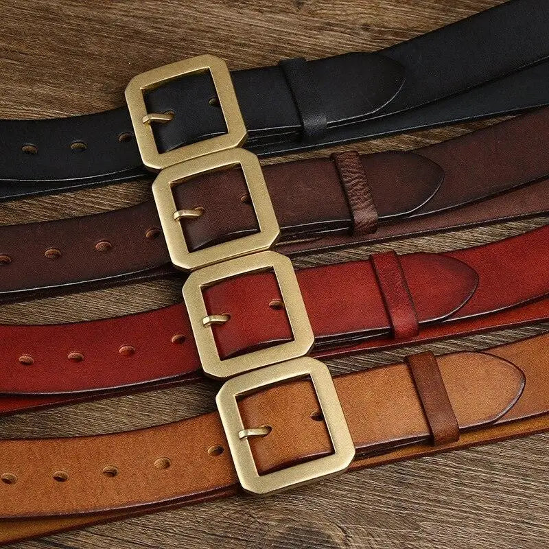 Leather belts with brass buckles in brown and gold finishes displayed in a product image