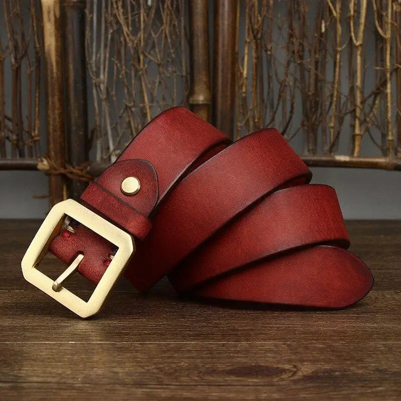 Red leather belt with brass buckle from Leather Belts with Brass Buckles in Brown and Gold Finishes