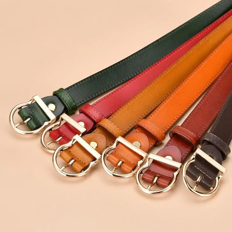 Colorful leather belts with gold buckles displayed in Assorted Colorful Leather Belts with Gold Buckles product image