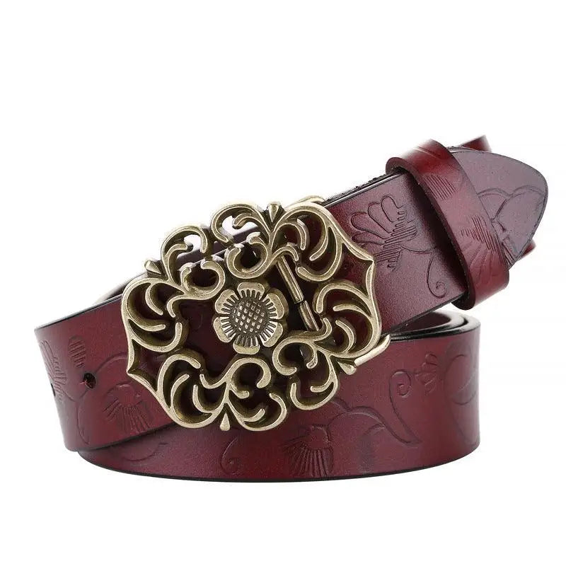 Burgundy leather belt with ornate floral buckle from Leather Belts with Ornate Buckles in Red and Brown
