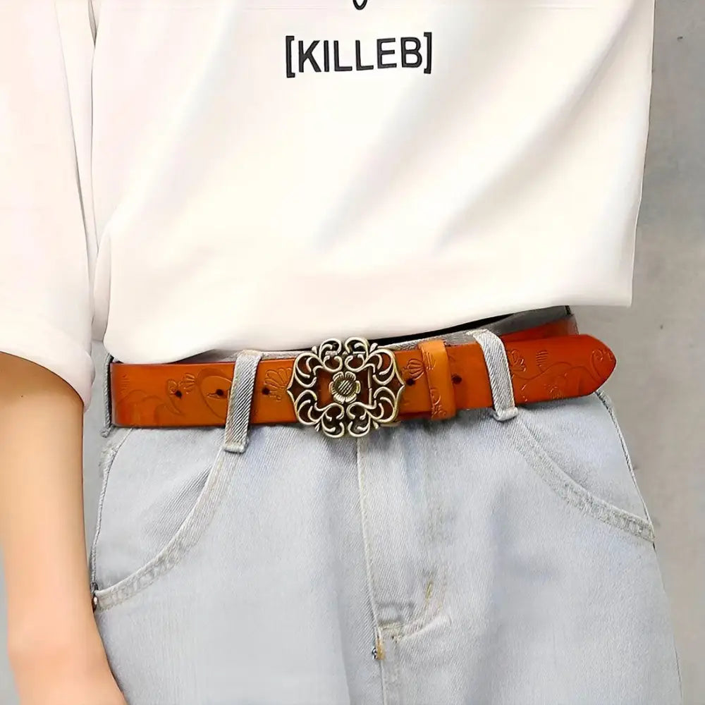 Brown leather belt with an ornate buckle from Leather Belts with Ornate Buckles in Red and Brown