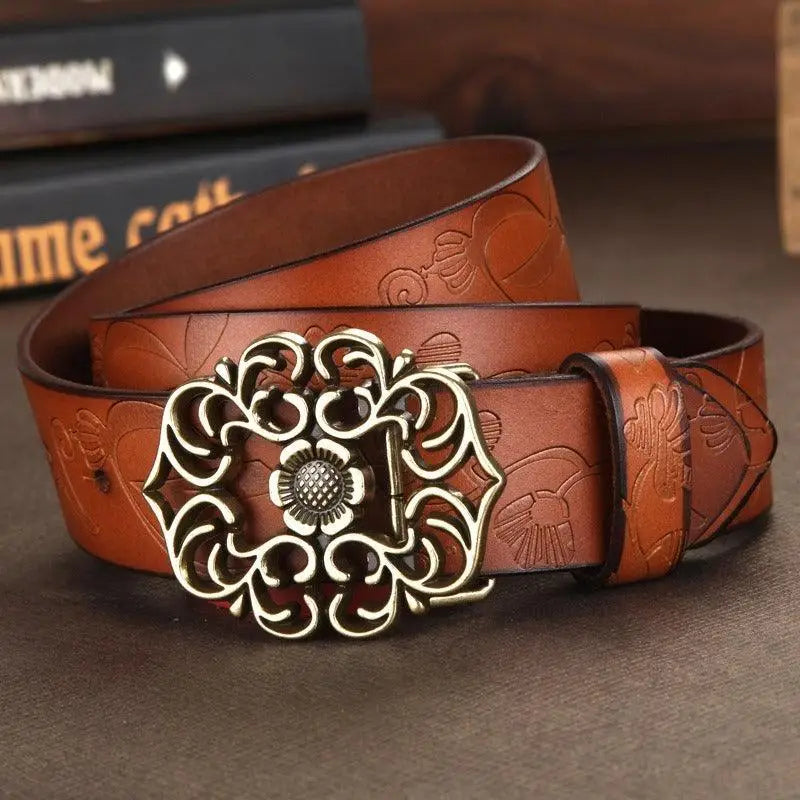 Brown leather belt with an ornate buckle from Leather Belts with Ornate Buckles in Red and Brown