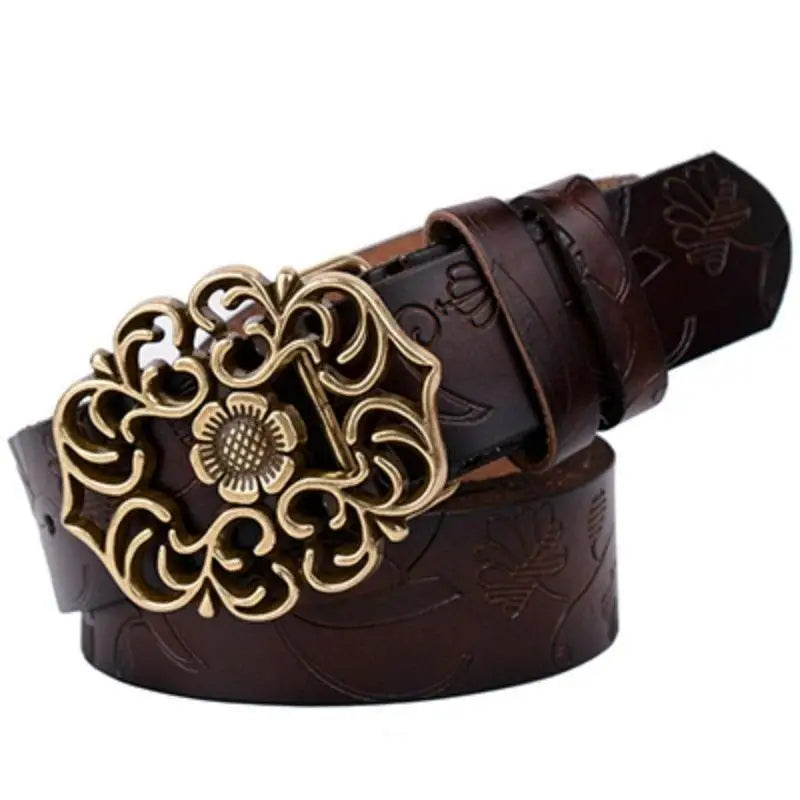 Embossed brown leather belt with ornate gold buckle from Leather Belts with Ornate Buckles in Red and Brown