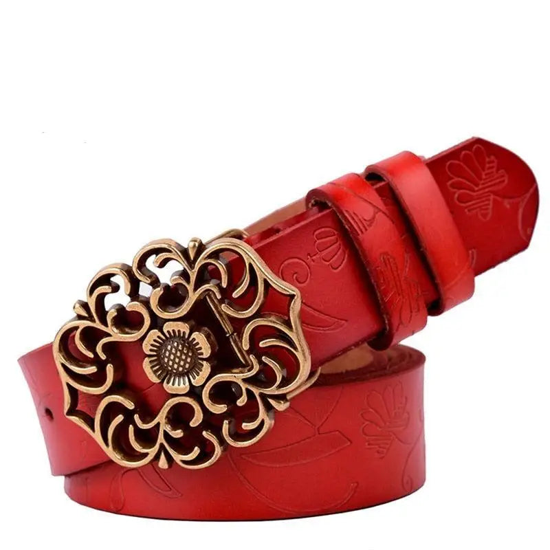 Red leather belt featuring an ornate floral buckle, part of Leather Belts with Ornate Buckles collection