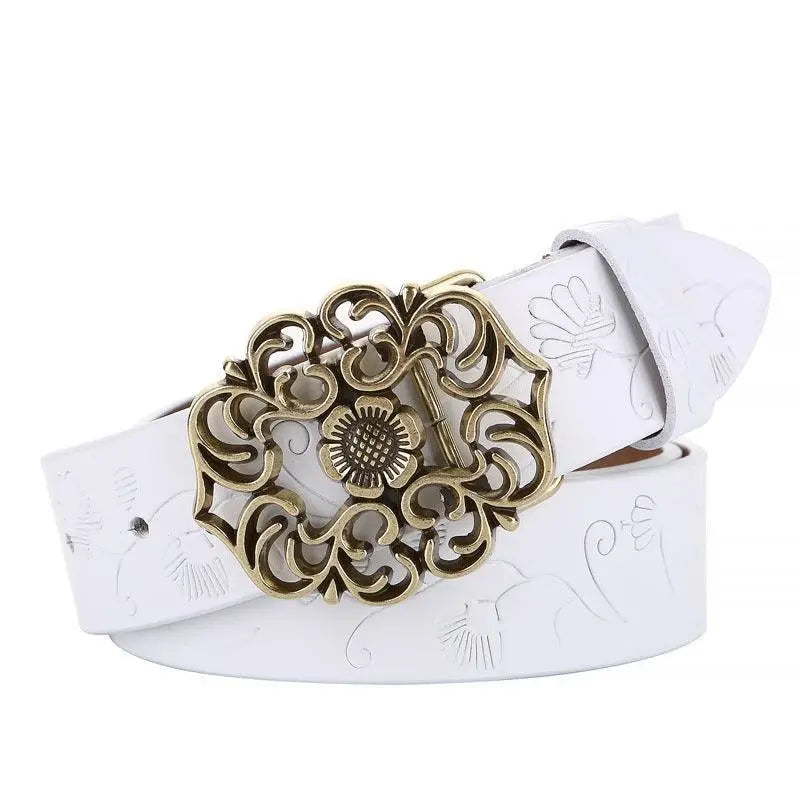 White leather belt with an ornate buckle from Leather Belts with Ornate Buckles in Red and Brown