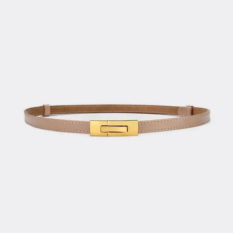 Beige leather belt with gold buckle to enhance personal style and sophistication