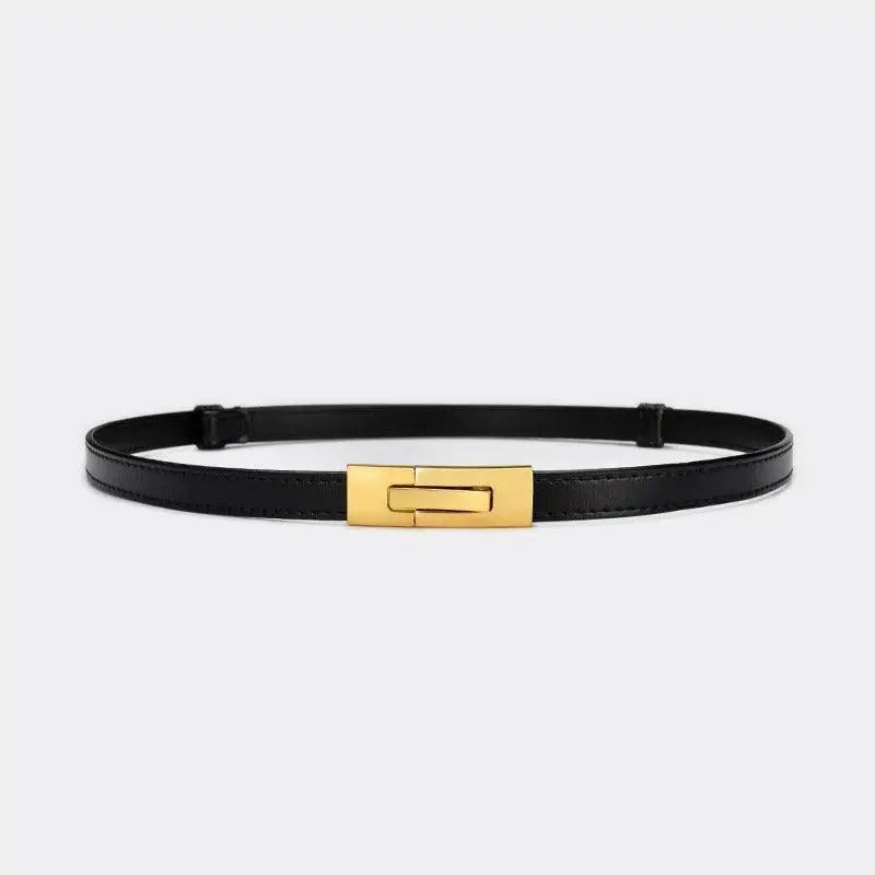 Black leather belt with gold buckle to enhance personal style and elegance