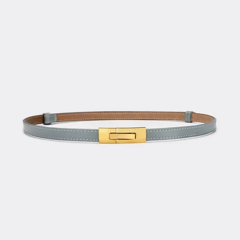 Gray leather belt with gold buckle to enhance personal style and sophistication