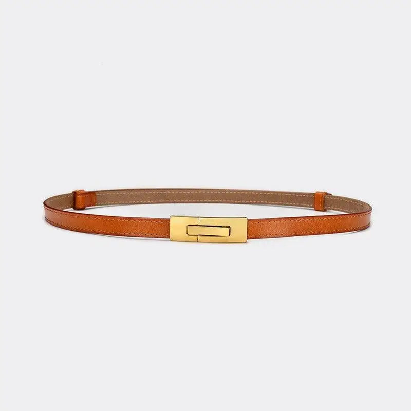 Brown leather belt with gold buckle to enhance personal style and sophistication