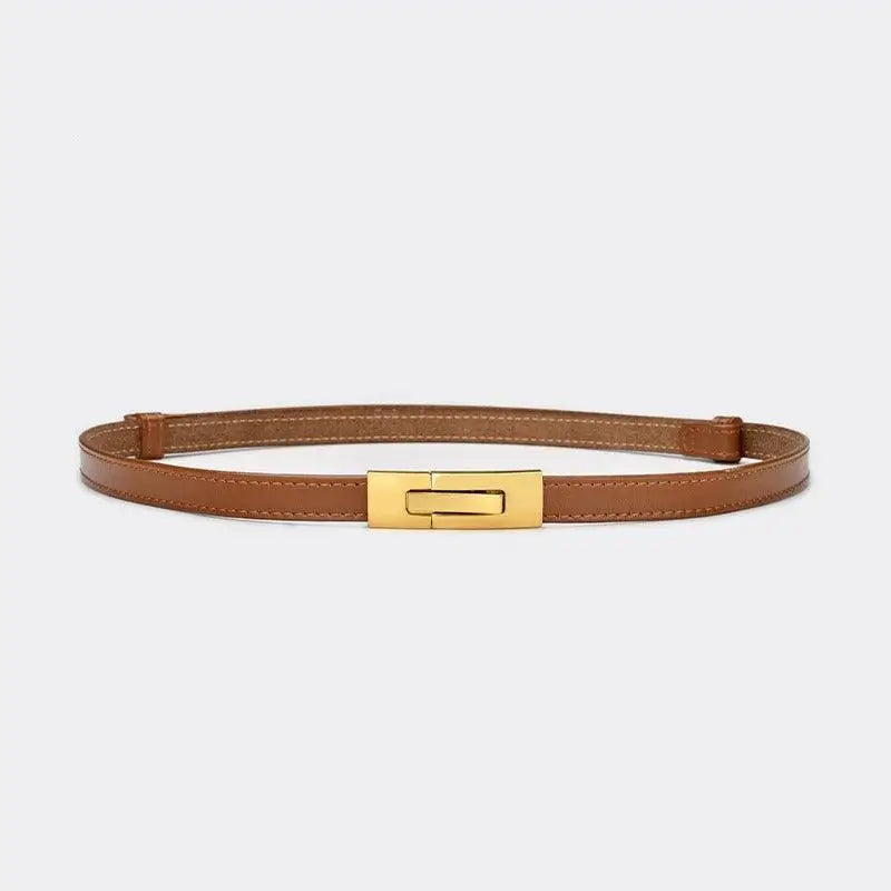Brown leather belt with gold buckle to enhance personal style and sophisticated look