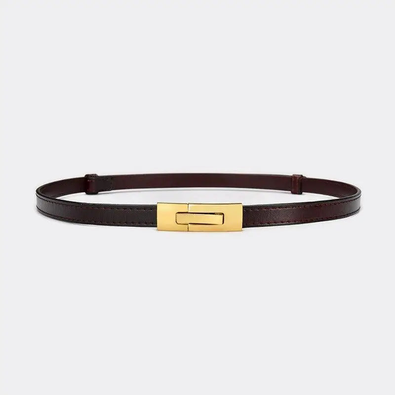 Brown leather belt with gold buckle to enhance personal style and add elegance