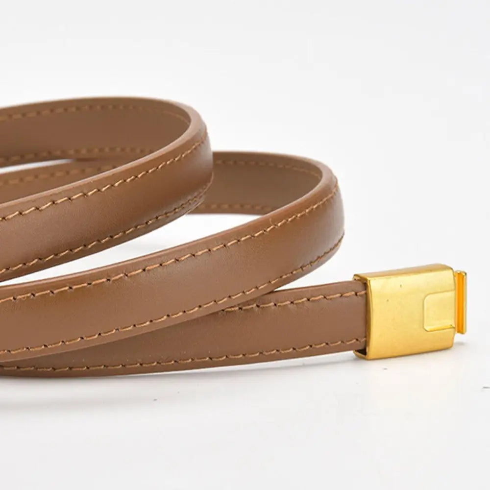 Brown leather belt with gold buckle to enhance personal style and sophistication