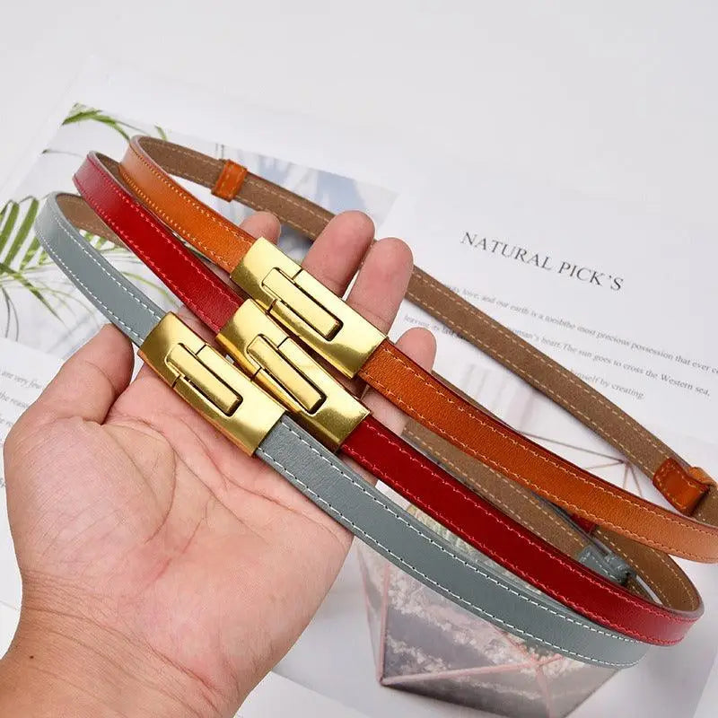 Three colorful leather belts with gold buckles to enhance personal style and fashion