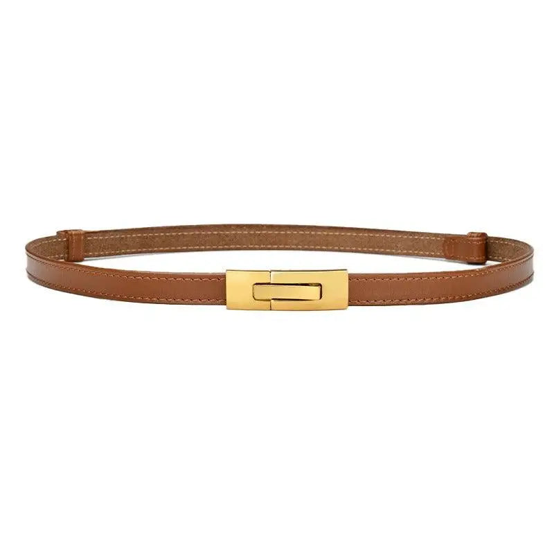 Brown leather belt with gold buckle to enhance personal style and fashion appeal