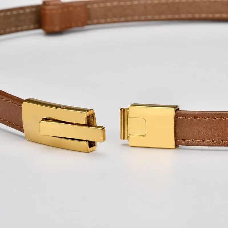 Brown leather belt with gold buckle to enhance personal style and accessory elegance