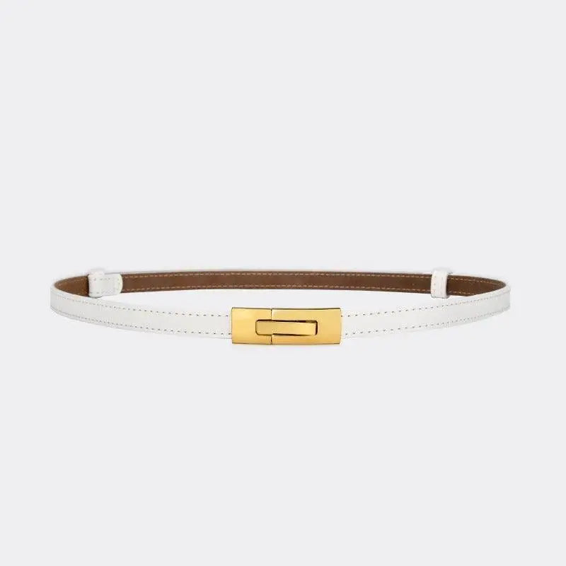 White leather belt with gold buckle to enhance personal style and accessory elegance
