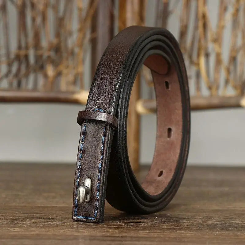 Brown leather belt with stitched edges and silver buckle for Men or Women fashion
