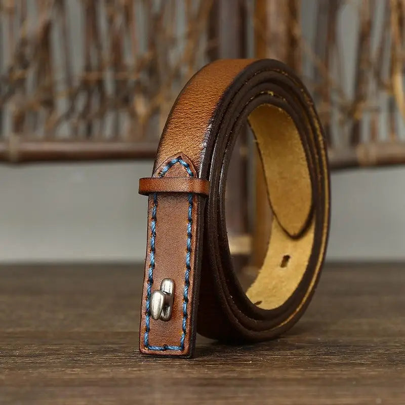 Brown leather belt with blue stitching and silver buckle from Leather Belts with Stitched Edges