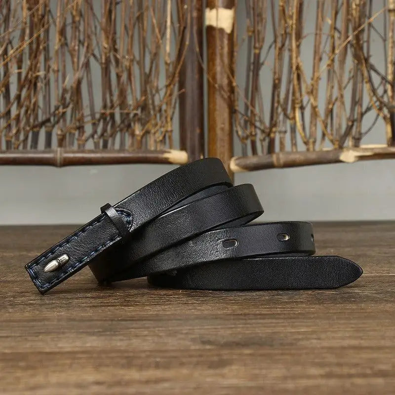 Black leather belt with stitched edges and silver buckle for men’s fashion