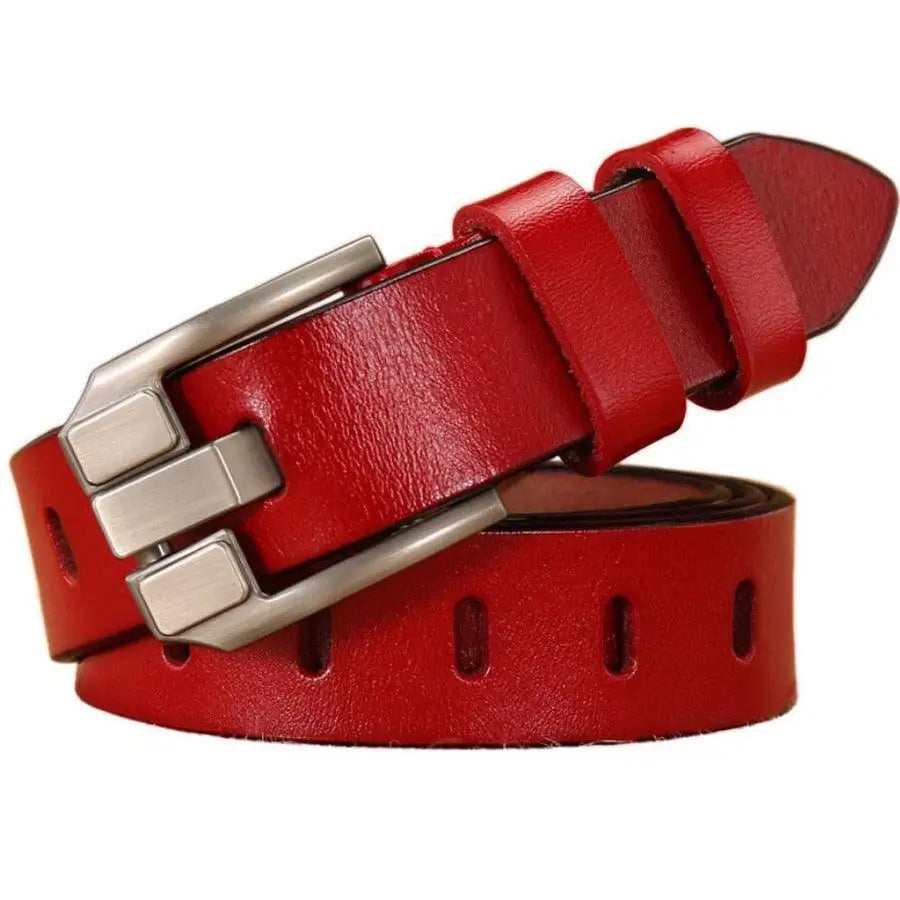 Red leather belt with silver buckle from Gulisa Leather for stylish Distressed Denim Shorts