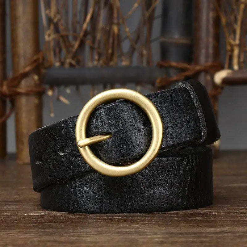 Hasti Belt women’s leather belt with gold circular buckle for stylish fashion accessories