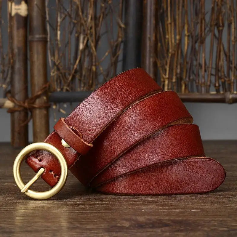 Hasti Belt women’s leather belt with brass and gold circular buckle for elegant style