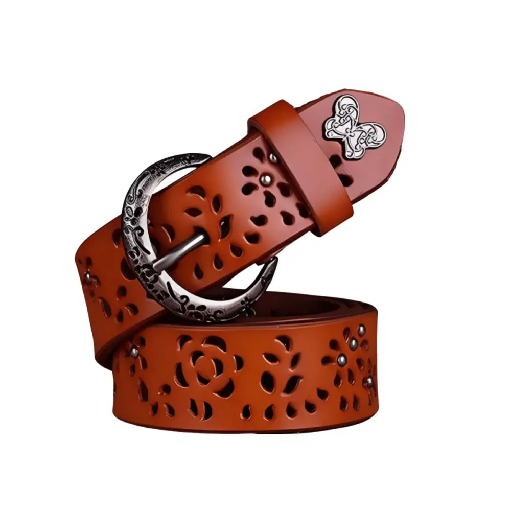 Leather Belt with floral cutouts and decorative buckle showcasing craftsmanship