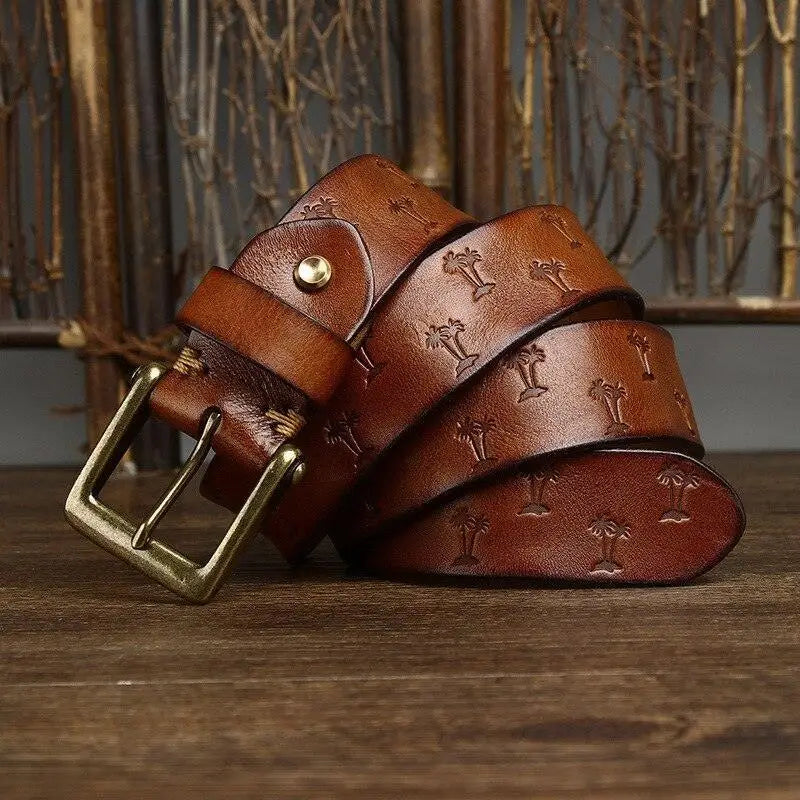 Women’s leather belt with palm tree pattern and metal buckle in genuine leather