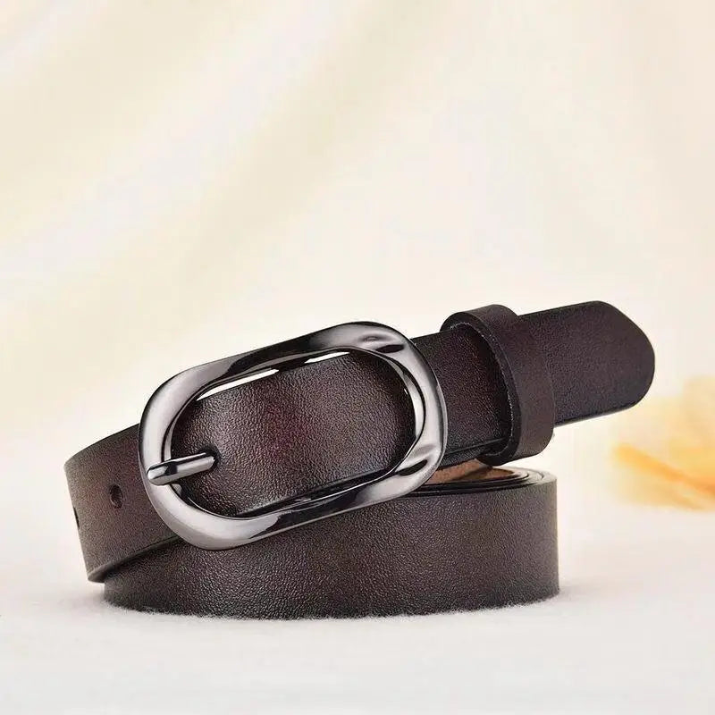 Brown leather belt featuring an oval buckle from Leather Belts with Silver and Oval Buckles