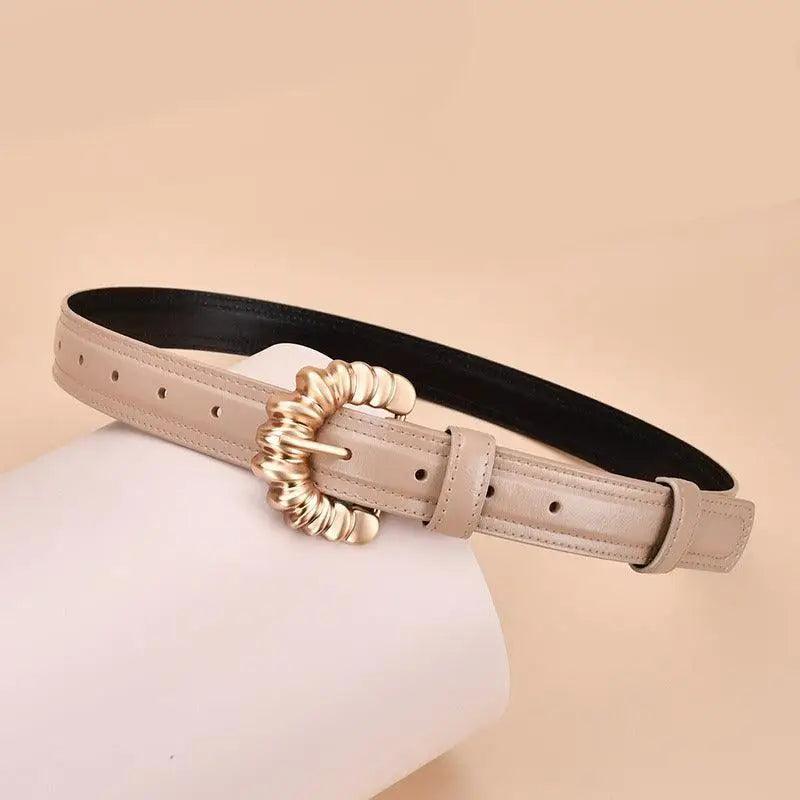 Beige Jila Leather Belt with Gold Buckle for Elegant Style